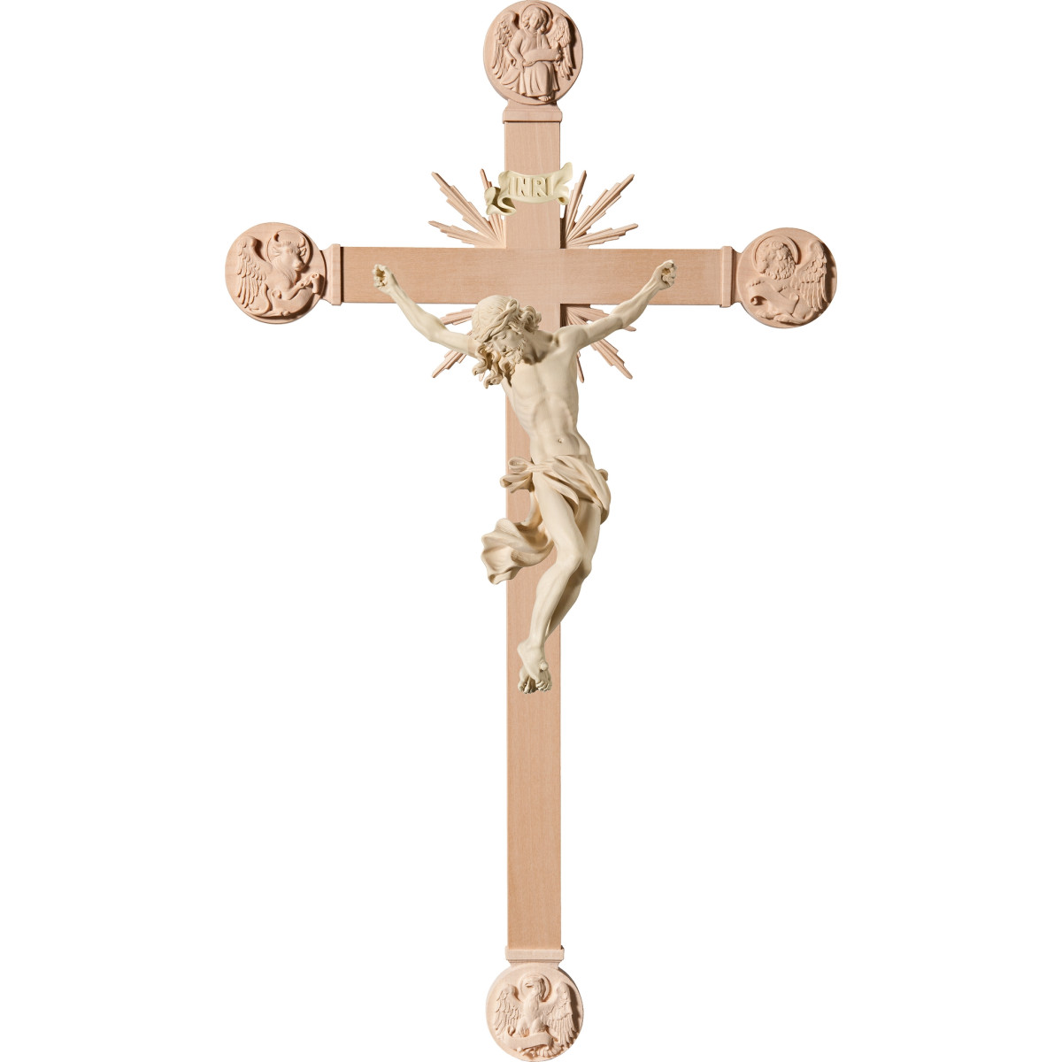 Cristo Barroco en cruz con Evangelistas y rayos